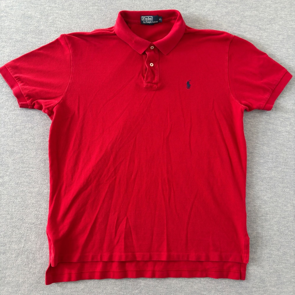 Polo Ralph Lauren Men XL Red Short Sleeve Pique Cotton Polo Shirt Navy Pony Logo - Picture 2 of 9